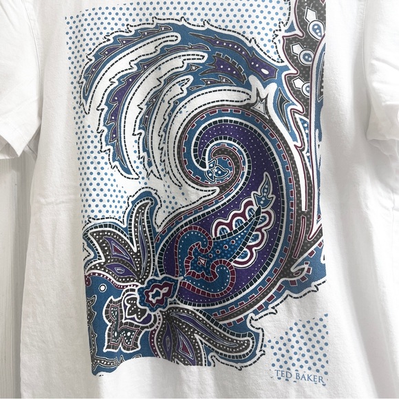 Ted Baker White Short Sleeve Tee Blue Purple Maroon Paisley Design Summer Blouse - Picture 2 of 3